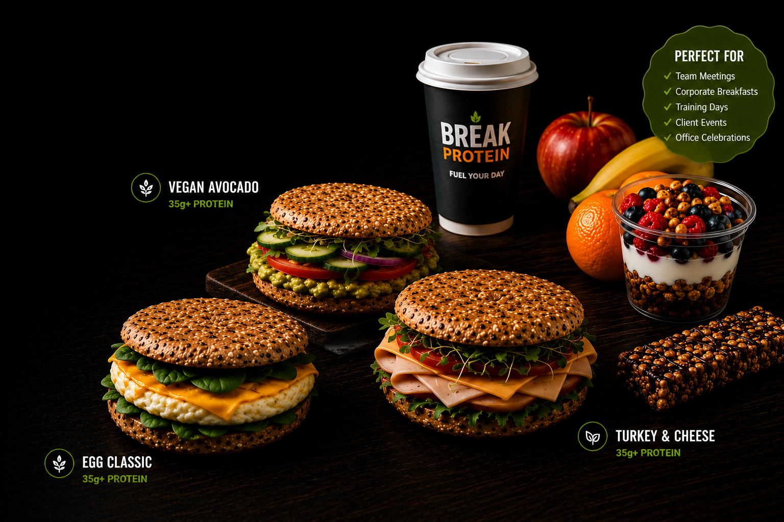 Break Protein catering spread — sandwiches, coffee, parfait, fresh fruit